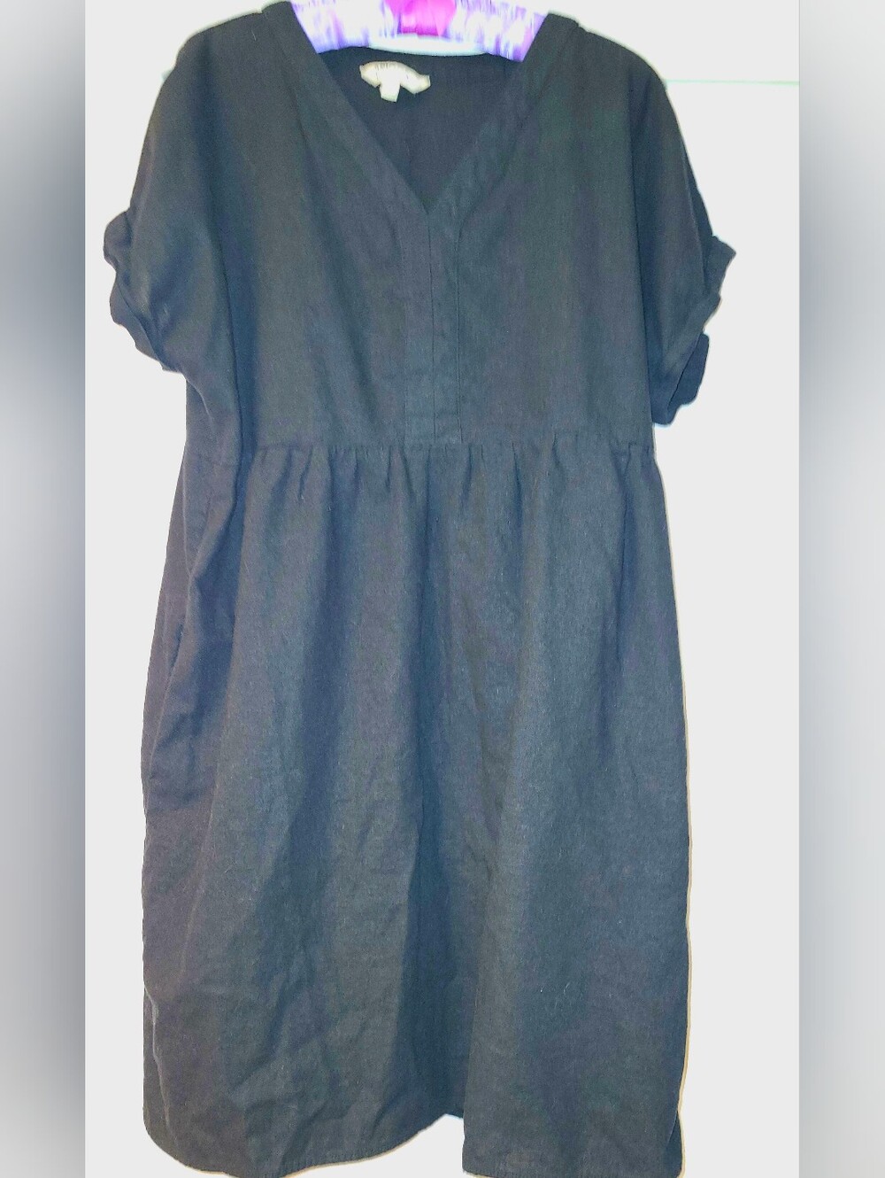 BRIGGS N.Y. Womans Black V-Neck Linen Blend Midi Dress W/pockets